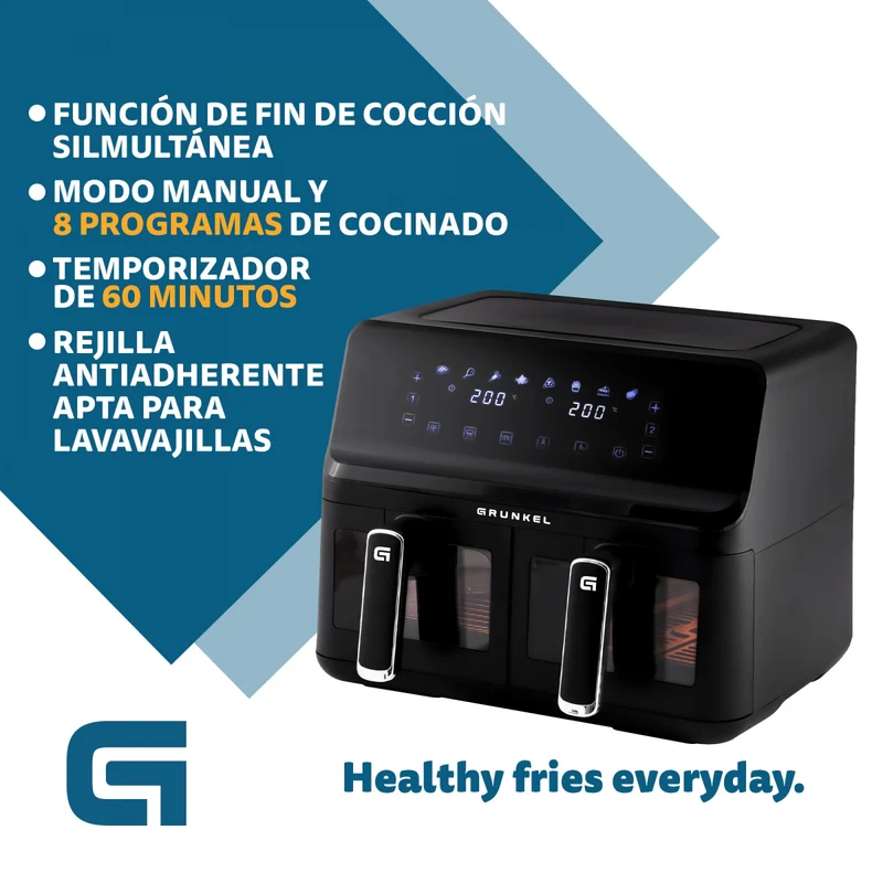 Grunkel - Freidora aire - Air Fryer - 8 programas y 2700W potencia DUAL TASTY FRYER. (2x4L, Doble)