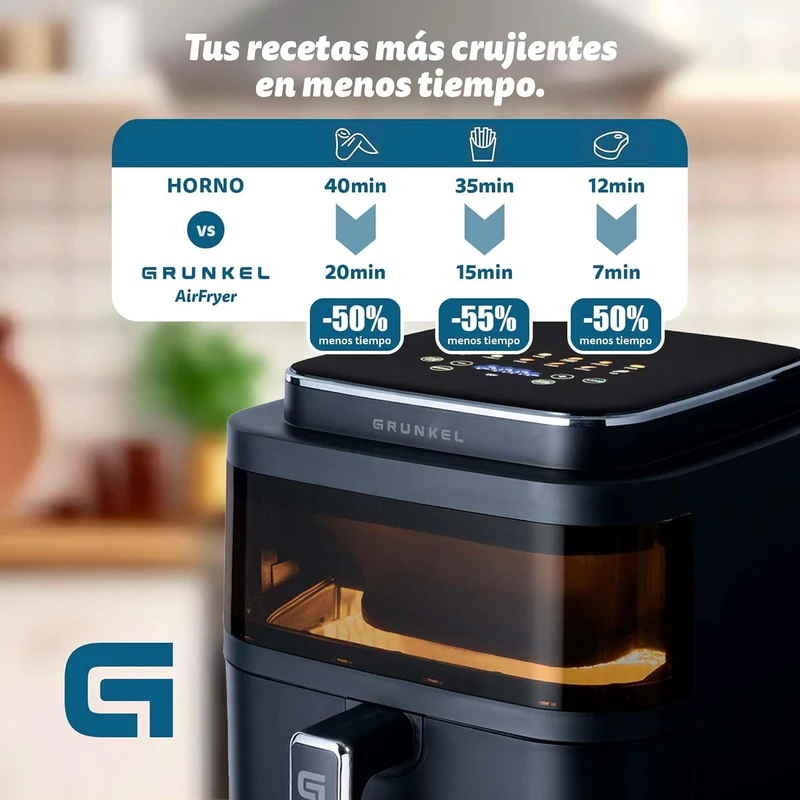 Grunkel - Freidora aire 6L y 1400W - Air Fryer BLACK LIGHT FRYER - 12 programas.