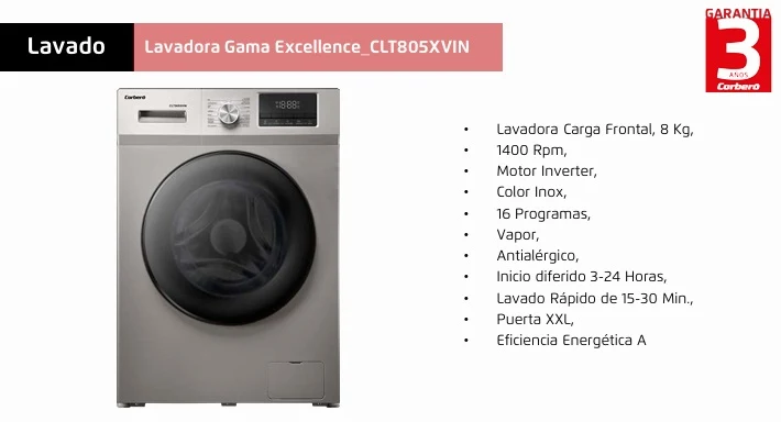 LAVADORA CORBERO INOX CLT805XVIN 8KG 1400RPM A VAPOR