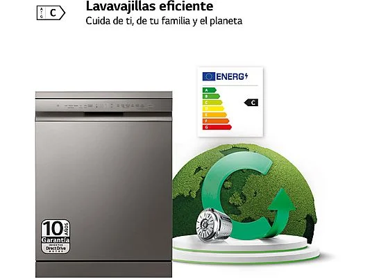 Lavavajillas - LG DF355FP, 14 servicios, 9 programas, 60 cm, LED táctil, Tercera bandeja, QuadWash™, Acero inoxidable
