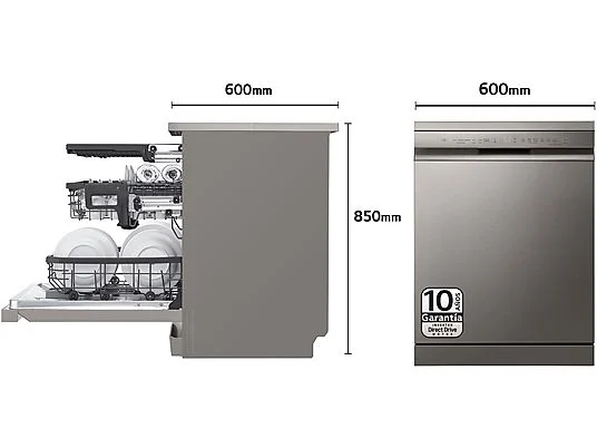 Lavavajillas - LG DF355FP, 14 servicios, 9 programas, 60 cm, LED táctil, Tercera bandeja, QuadWash™, Acero inoxidable