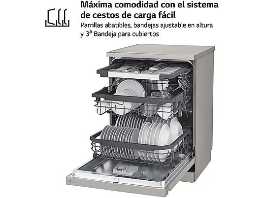 Lavavajillas - LG DF355FP, 14 servicios, 9 programas, 60 cm, LED táctil, Tercera bandeja, QuadWash™, Acero inoxidable