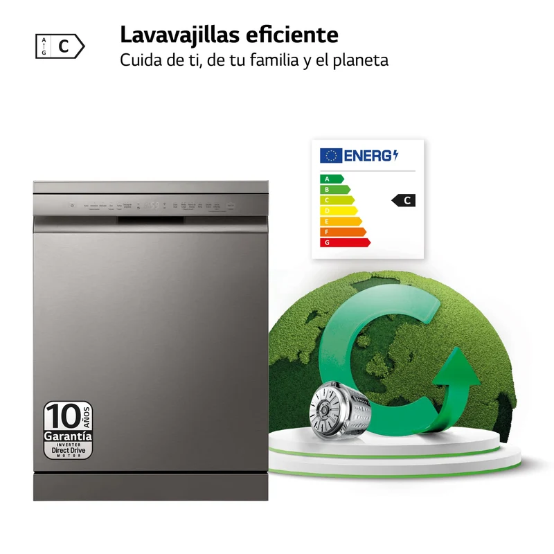 Lavavajillas - LG DF355FP, 14 servicios, 9 programas, 60 cm, LED táctil, Tercera bandeja, QuadWash™, Acero inoxidable