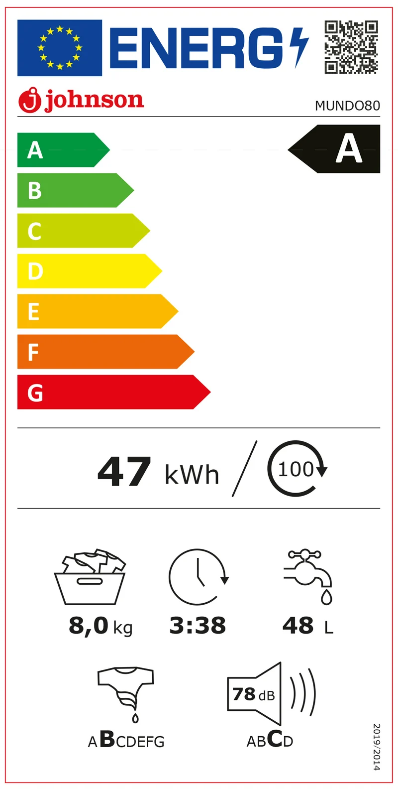 LAVADORA CARGA SUPERIOR JOHNSON CS 8KG 1300RPM NERVION CLASE A BLANCA