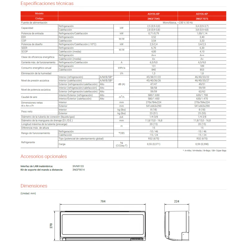 Aire acondicionado Split 1x1 Fujitsu ASY35-KP, 2.924 kcal/h frío / 3.440 kcal/h calor, R32, A++ /A+.