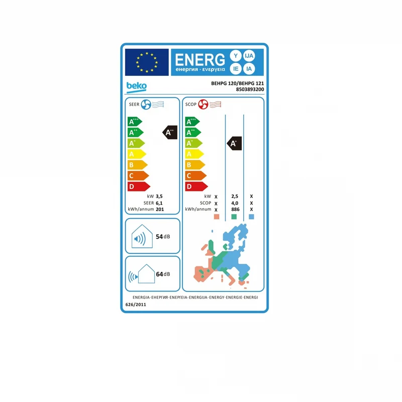 Aire acondicionado Split 1 x 1 - Beko BEHPI 125,Inverter, 3010 fg/h, 60 dB(A), Deshumidificación, Wifi, Blanco
