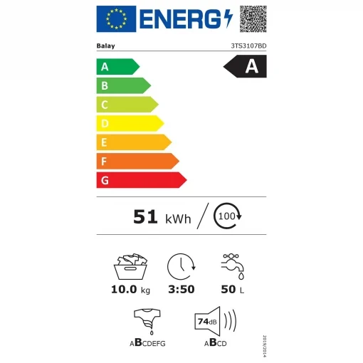 Lavadora Balay, Carga Frontal, Libre instalación, 60 cm., 10 kg, ExtraSilencio, Display LED, Blanco, 3TS3107BD . [Clase de eficiencia energética A]