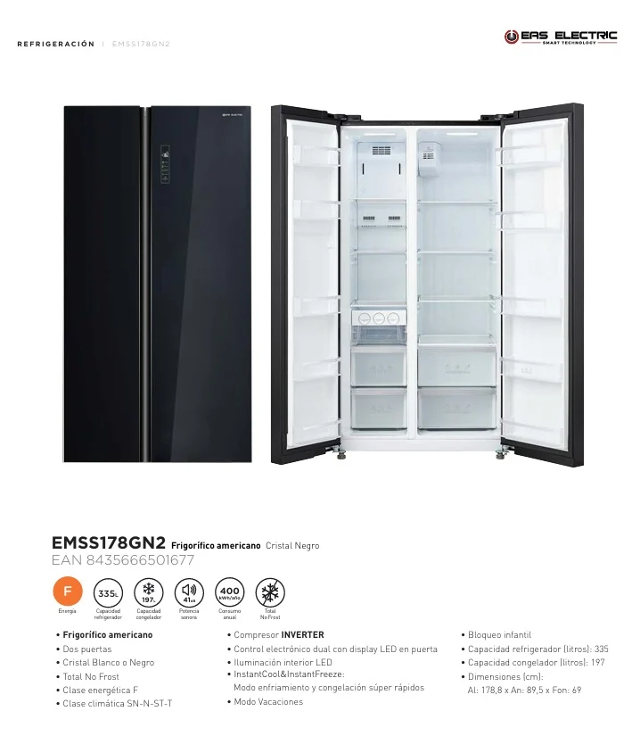 FRIGORIFICO AMERICANO EAS ELECTRIC NO FROST CRISTAL NEGRO EMSS178GN2