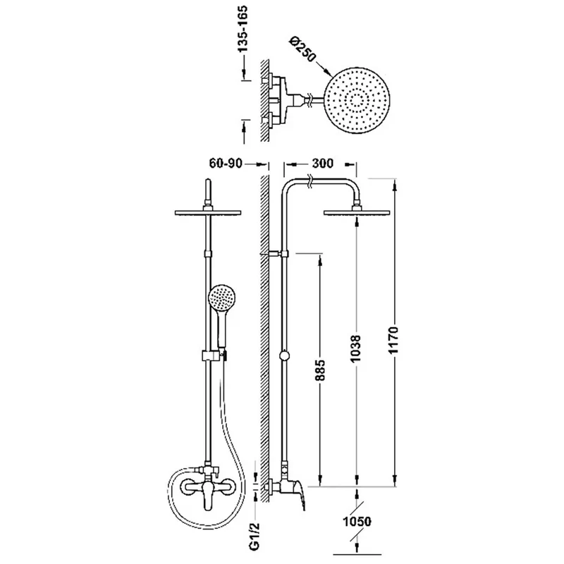 Columna de ducha de latón con acabado cromado grifo monomando dos vías e inversor incorporado Base Plus TRES