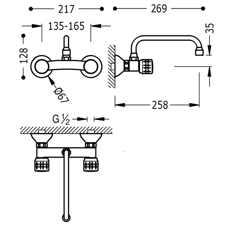 TRES 123315 Grifería bimando de mural para fregadero con distancia de 25 cm fabricado de latón con acabado cromado Basic