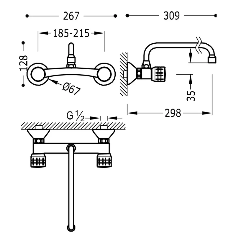 TRES 123416 Grifería bimando de pared para fregadero con distancia de 29 cm fabricado de latón con acabado cromado Basic