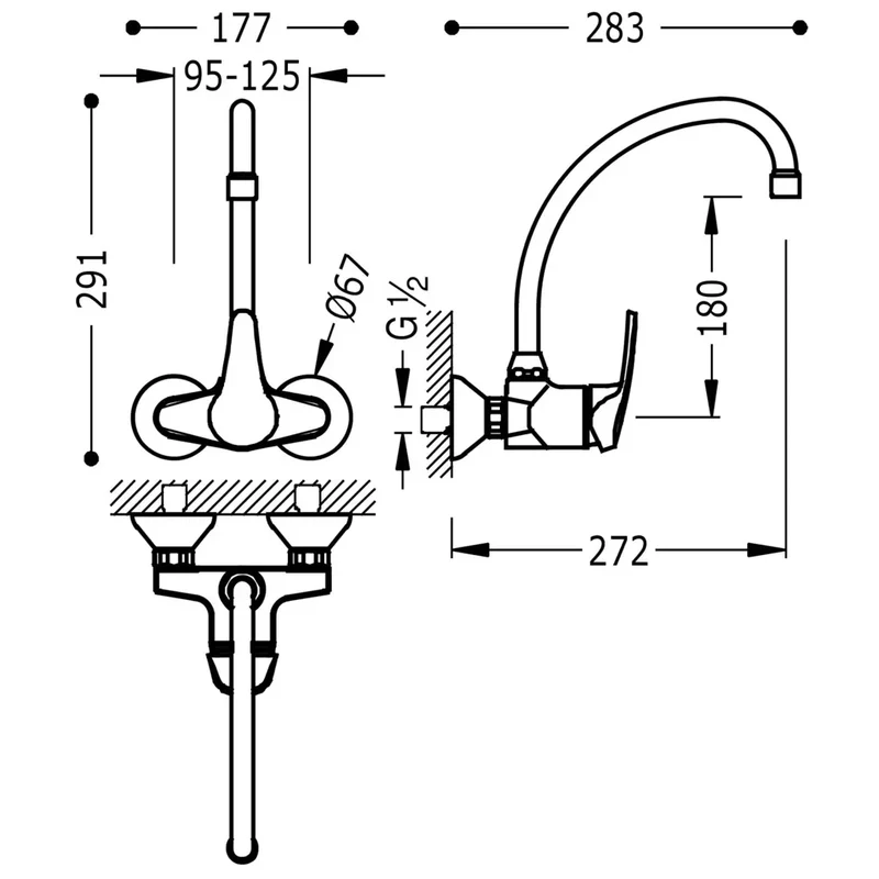 TRES 17021802 Grifería monomando de mural para fregadero con distancia de 27 cm fabricado de latón cromado Basic
