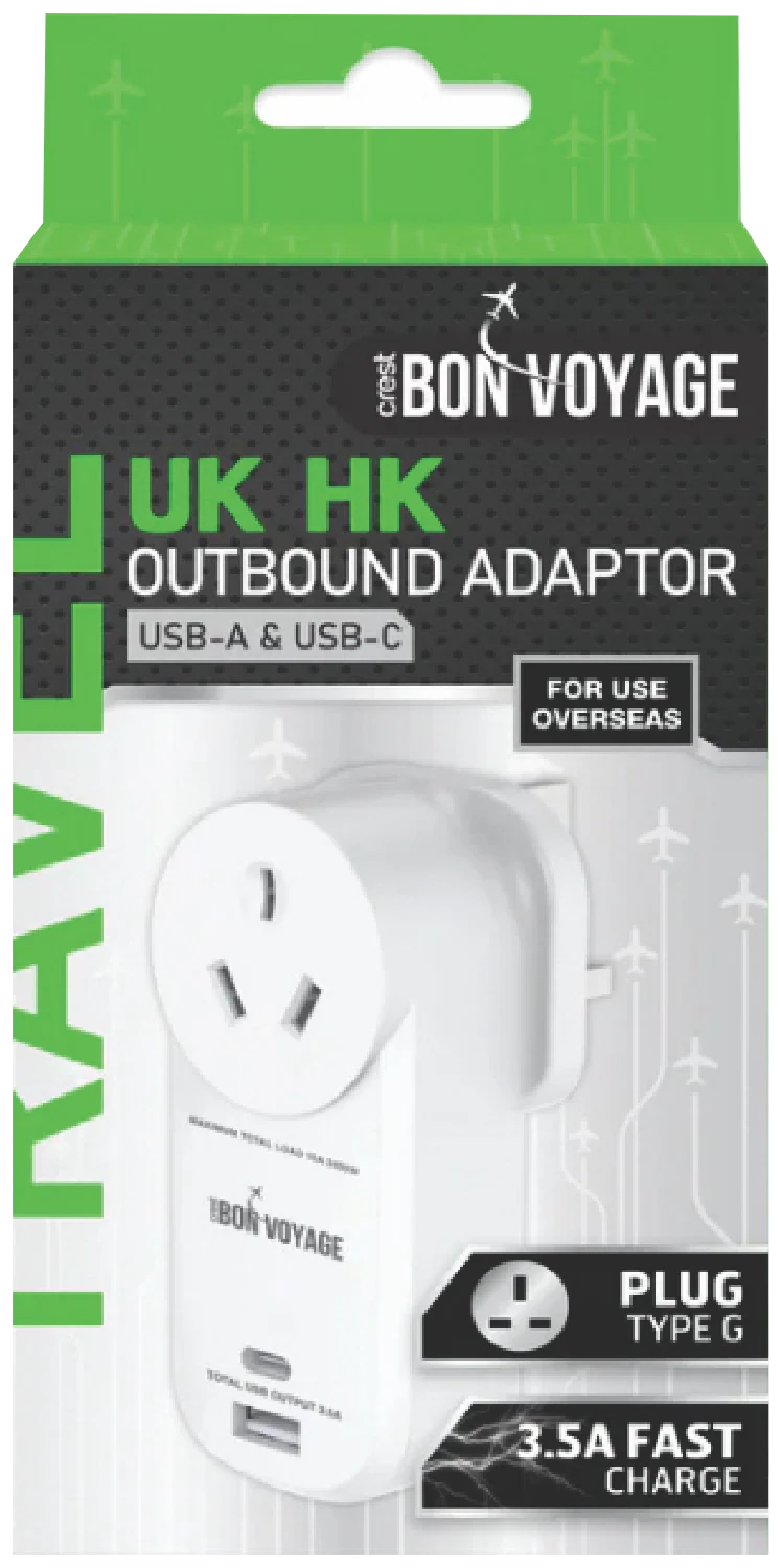 Bon Voyage Travel Adaptor AU to UK (2 USB Ports)