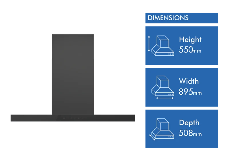 Haier 600 Series 90cm Box Chimney Wall Rangehood, Hood to Hob, Black