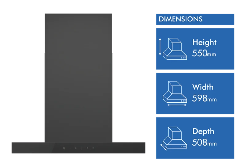 Haier 600 Series 60cm Box Chimney Wall Rangehood, Hood to Hob, Black
