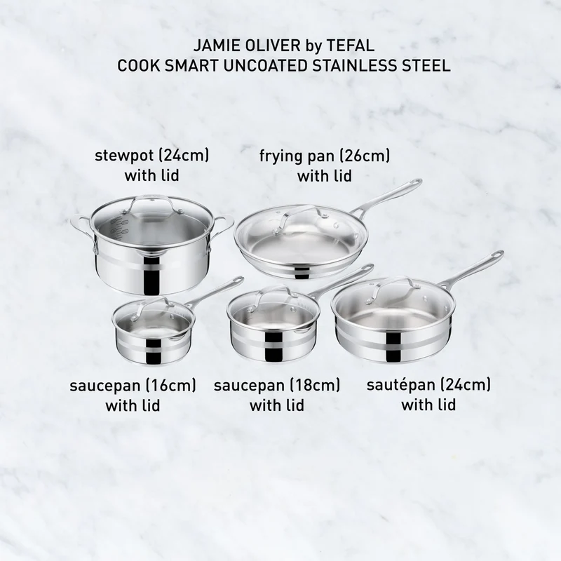 Tefal Jamie Oliver by Tefal Cook Smart Induction Stainless Steel 5pc Uncoated Set