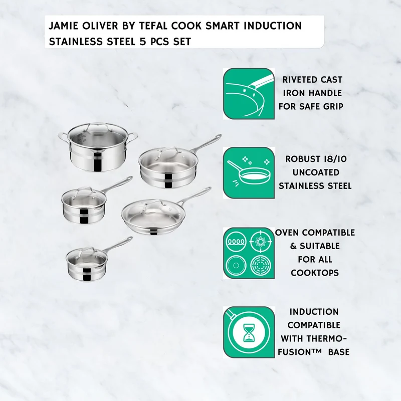 Tefal Jamie Oliver by Tefal Cook Smart Induction Stainless Steel 5pc Uncoated Set