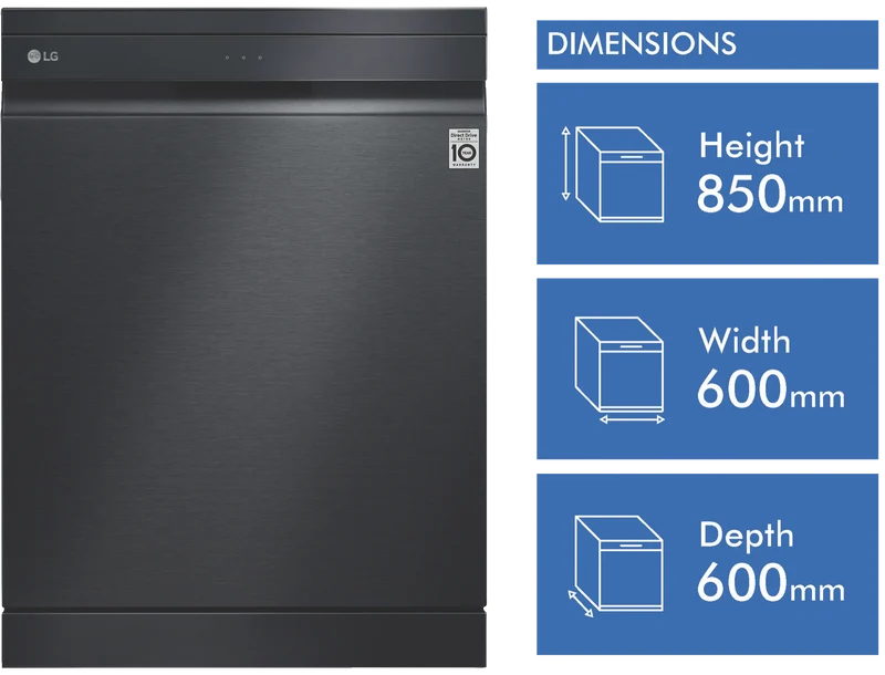 LG 60cm 15 Place QuadWash TrueSteam Freestanding Dishwasher, Matte Black