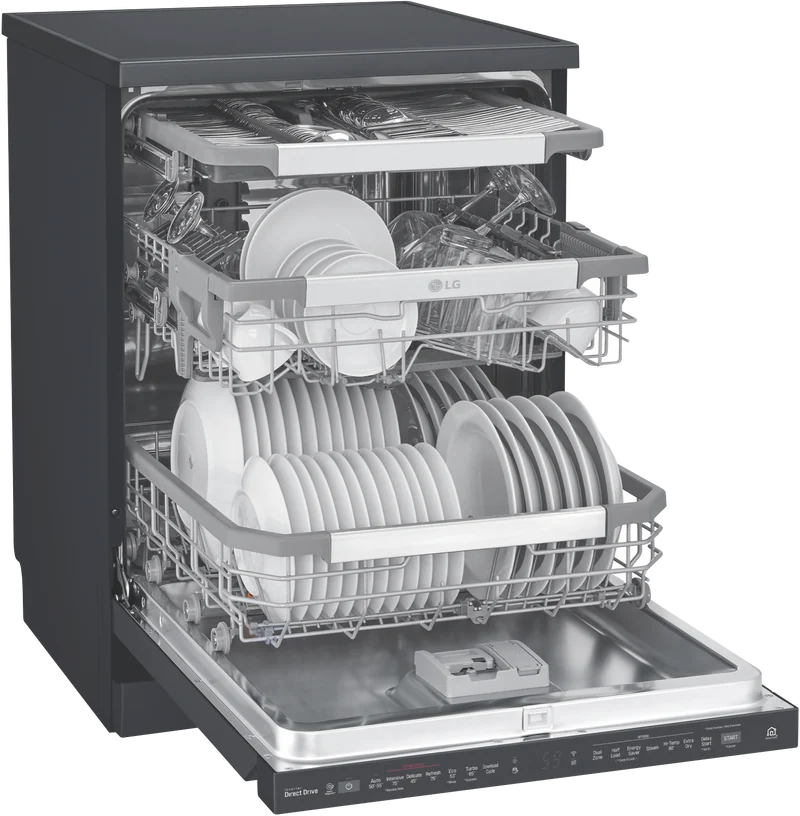 LG 60cm 15 Place QuadWash TrueSteam Freestanding Dishwasher, Matte Black