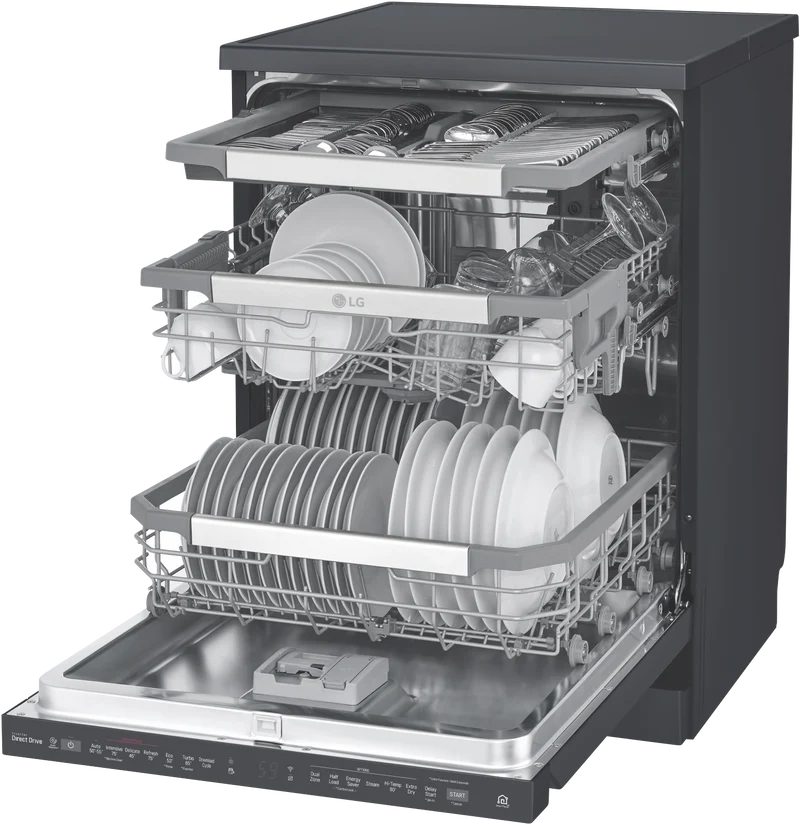LG 60cm 15 Place QuadWash TrueSteam Freestanding Dishwasher, Matte Black