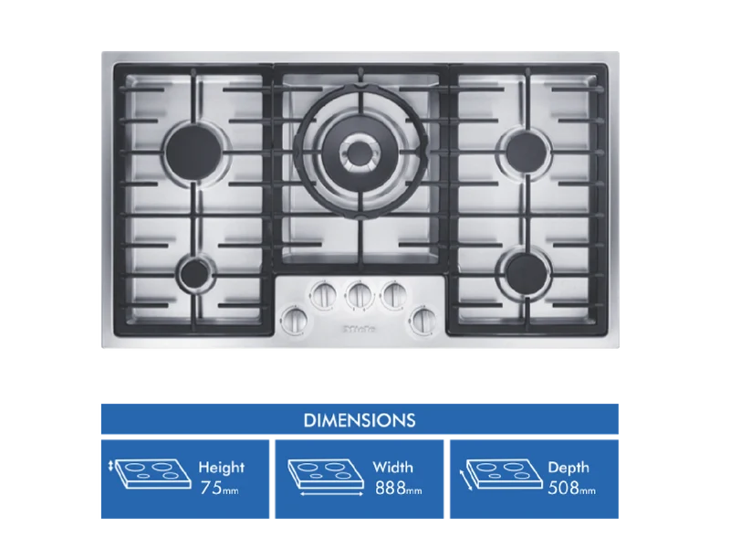 Miele 89cm 5 Burner Gas Cooktop with Dual Wok Burner Stainless Steel