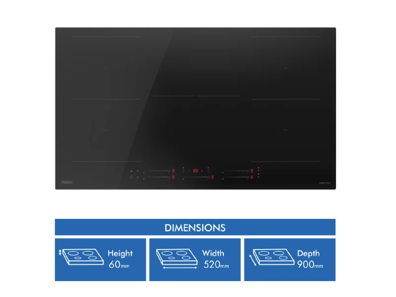 Haier 600 Series 90cm Induction Cooktop, Black Glass 5 Zone, Dual Flexi Zone, Melt