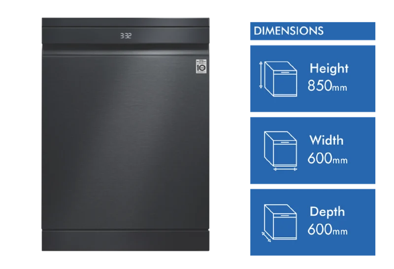 LG 60cm 15 Place QuadWash TrueSteam Freestanding Dishwasher, Matte Black