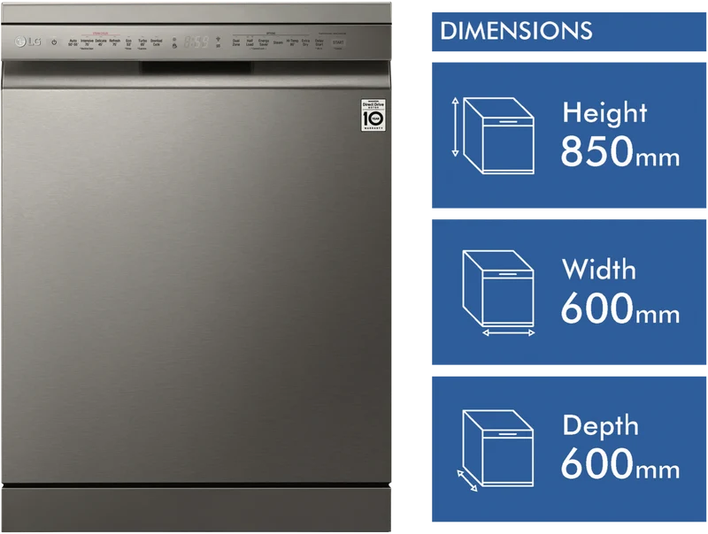 LG 60cm 14 Place QuadWash TrueSteam Freestanding Dishwasher, Platinum Steel