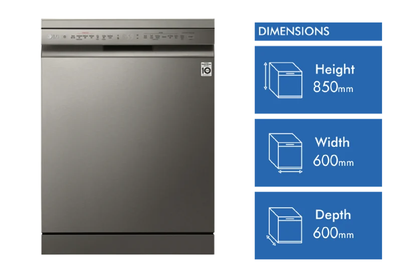 LG 60cm 14 Place QuadWash TrueSteam Freestanding Dishwasher, Platinum Steel