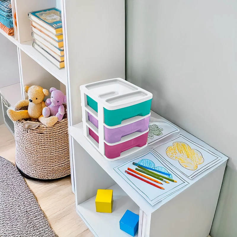 Cajas organizadoras pequeñas con 3 gavetas tricolor niña Rimax