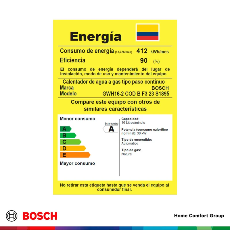 Calentador de agua 16 litros tiro natural de paso a gas natural Bosch