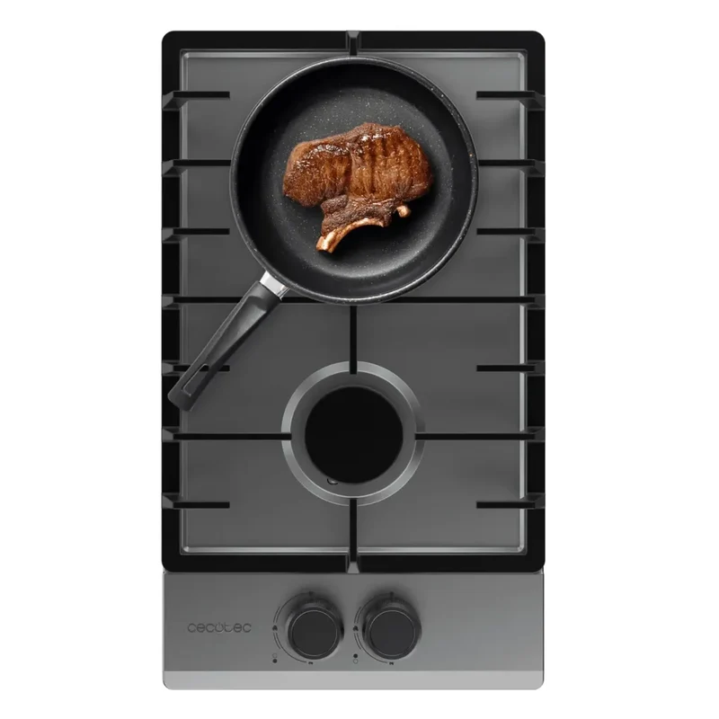 Placa de Gas Bolero Squad G 2200F Inox de 2 fuegos con parrilla de hierro fundido quemador WOK y potencia 5,25kW Cecotec