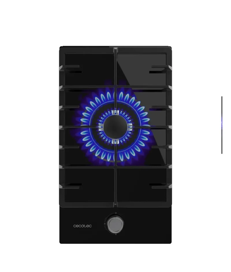 Placa de gas Bolero Squad G 1200F cristal negro 1 fuego con parrilla de hierro fundido y quemador WOK 3.5kW de Cecotec