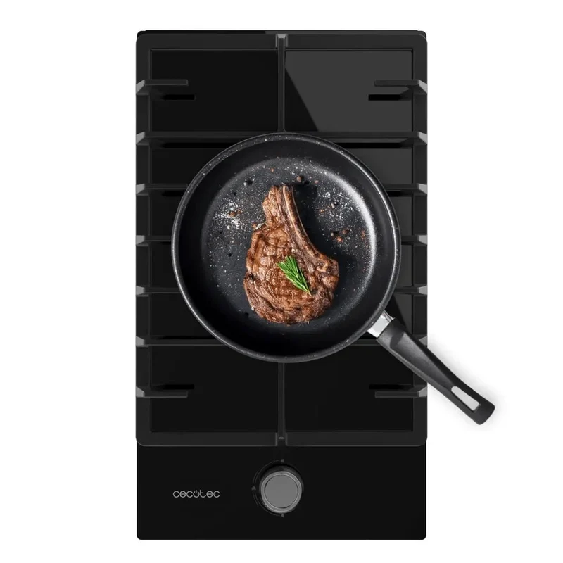 Placa de gas Bolero Squad G 1200F cristal negro 1 fuego con parrilla de hierro fundido y quemador WOK 3.5kW de Cecotec