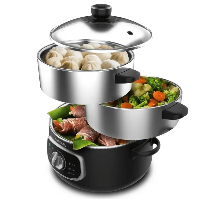 Vaporera eléctrica 1300W 10L con 3 recipientes en acero inoxidable para cocción saludable Vapovita SteelPot de Cecotec