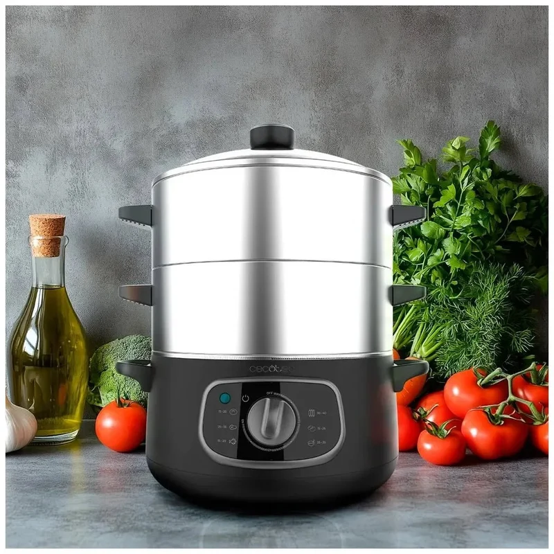 Vaporera eléctrica 1300W 10L con 3 recipientes en acero inoxidable para cocción saludable Vapovita SteelPot de Cecotec