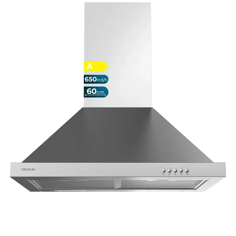 Campana Piramidal Bolero Flux PM 606500 Inox 60cm Succión 650m3h Motor 165W Clase A con Luz y Filtro de Carbono de Cecotec