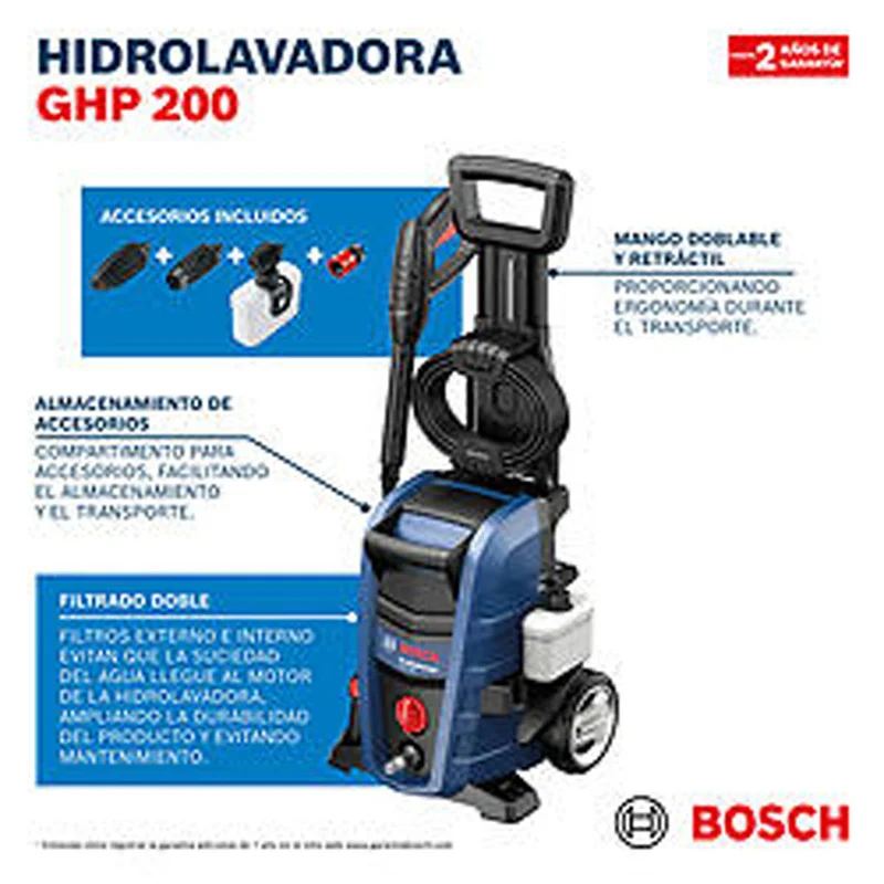 Hidrolavadora de Alta Presión GHP 200 2000 PSI, 300 L/h, 1700W, 120V Bosch