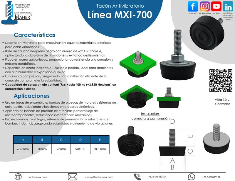 Soporte antivibración para maquinaria industrial para 400 Kg Línea MXI-700