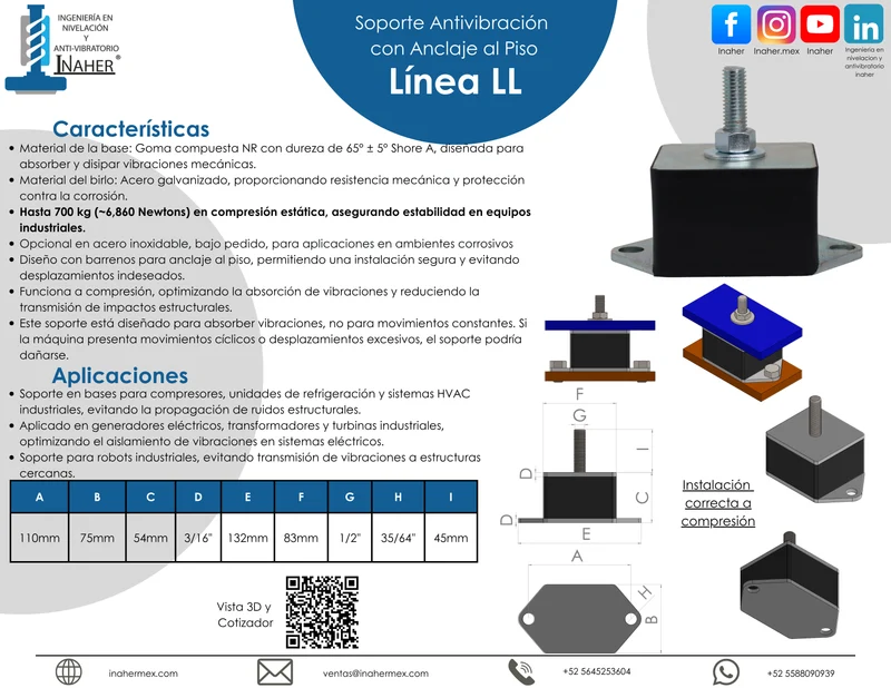 Soporte antivibratorio para maquinaria con fijación al piso para 700 Kg Línea Long Life