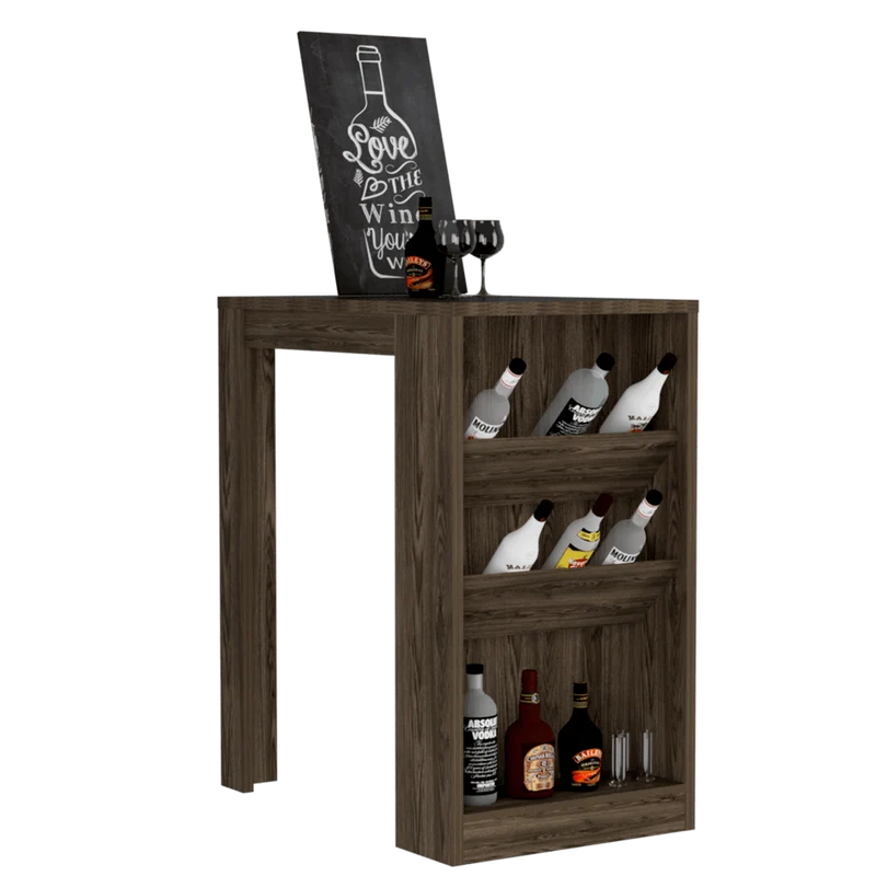 Mesa de Bar Celeste, Chocolate, con Tres Estantes para Botellas