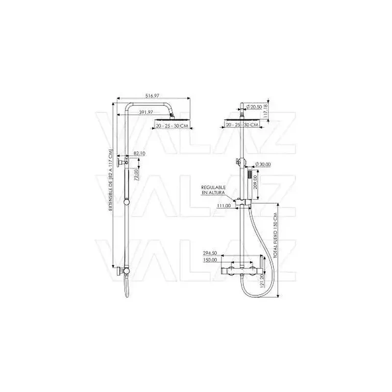 Barra de columna extensible con grifo monomando en latón y acero inoxidable en cromado Palancia de Valaz