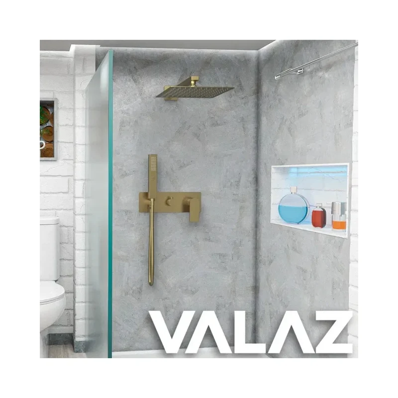 Conjunto de ducha monomando empotrado a pared cuadrado en dorado cepillado Miño de Valaz