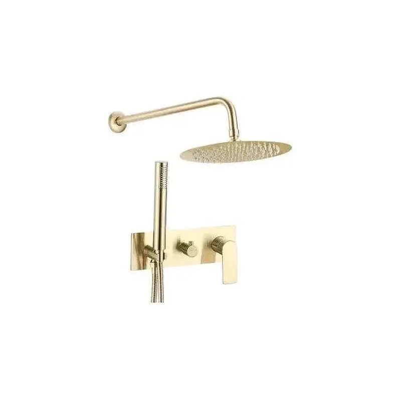 Conjunto de ducha empotrado a pared monomando redondo con embellecedor rectangular en dorado cepillado Sil de Valaz