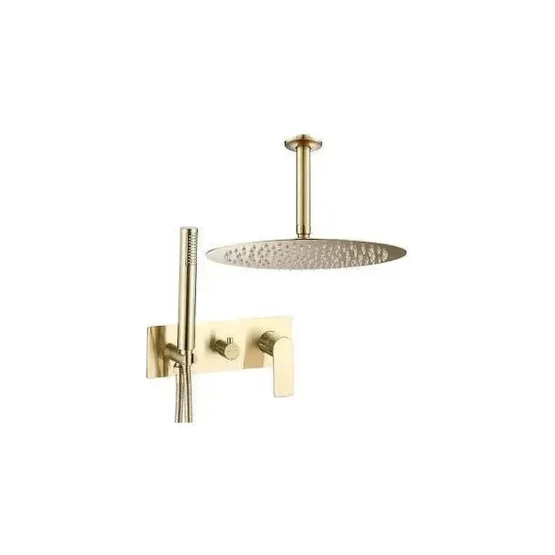 Conjunto de ducha empotrado a techo monomando redondo con embellecedor rectangular en dorado cepillado Sil de Valaz