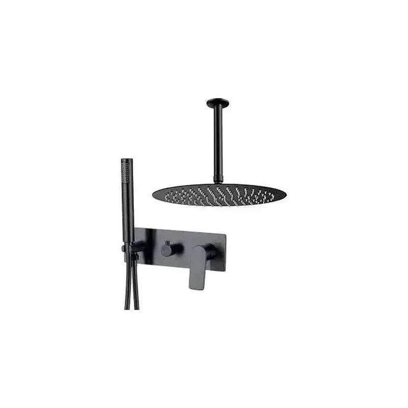 Conjunto de ducha empotrado a techo monomando redondo con embellecedor rectangular en negro mate Sil de Valaz