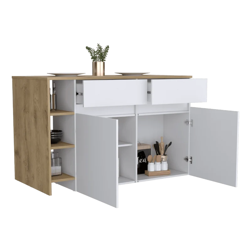 Barra de Cocina Polux, Blanco Vainilla Y Beige , con Amplia Superficie Superior y Entrepaños