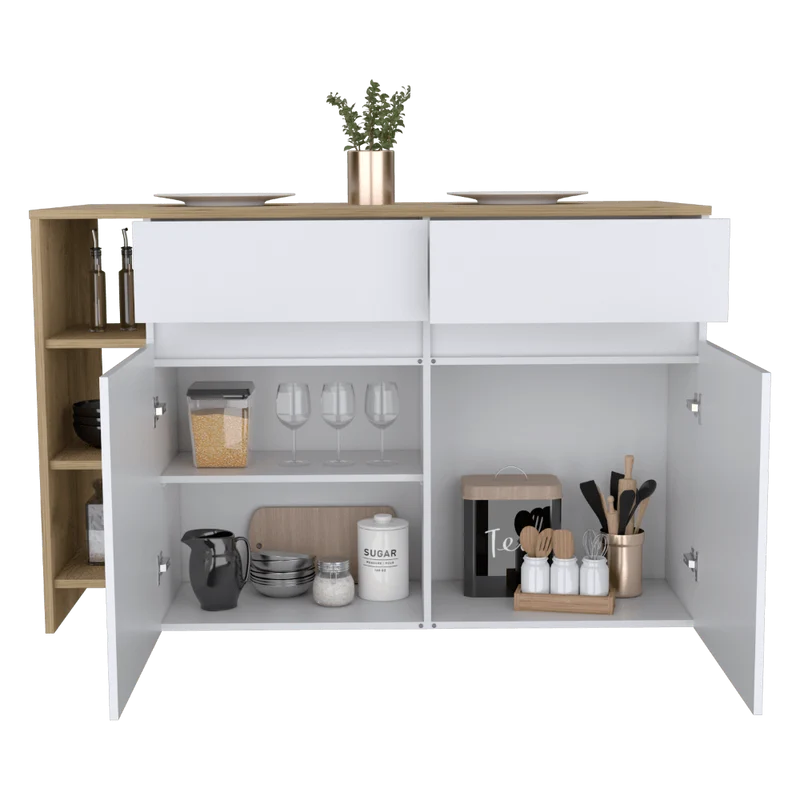 Barra de Cocina Polux, Blanco Vainilla Y Beige , con Amplia Superficie Superior y Entrepaños