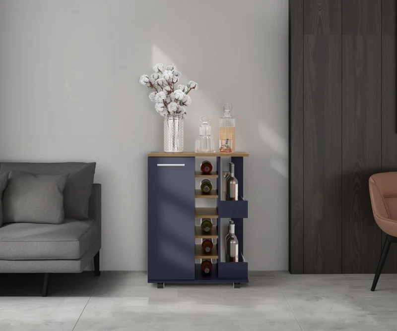Bar Cart Argus, Azul y Fresno Kronos, con Espacio Para Botellas y Porta Copas