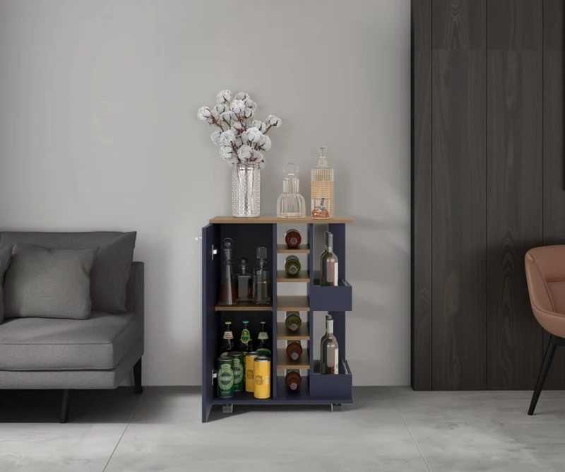 Bar Cart Argus, Azul y Fresno Kronos, con Espacio Para Botellas y Porta Copas
